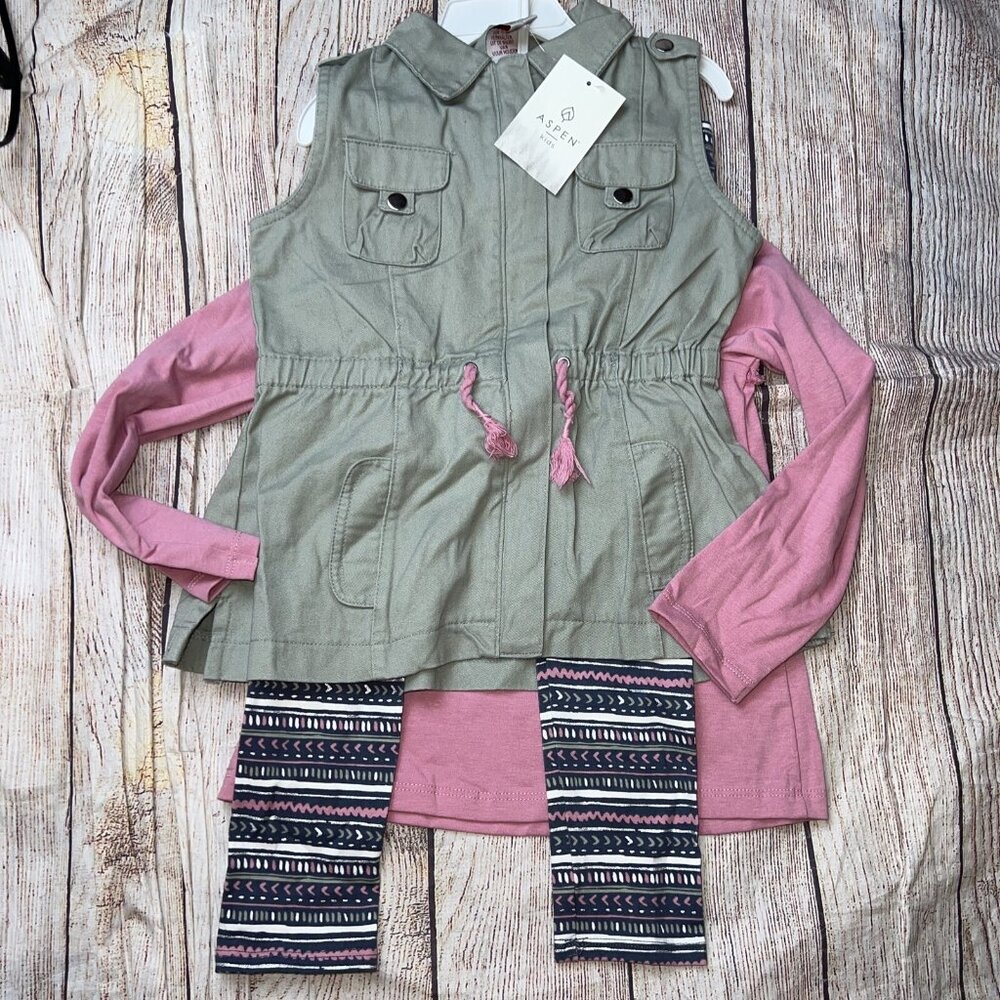 Aspen Kids Size 4 3Pc Set Long Sleeve Green Vest NEW